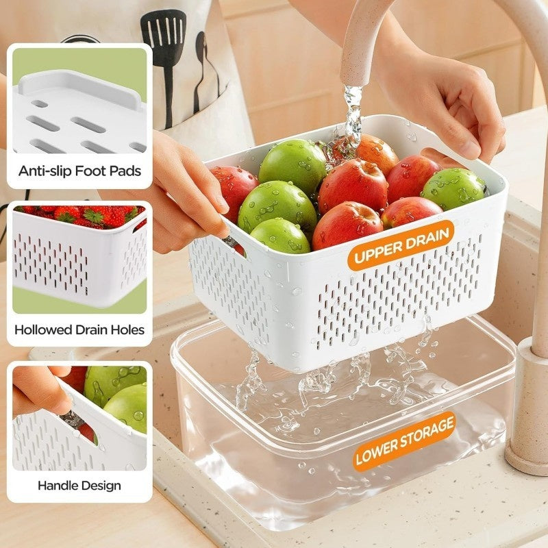Luxiko 4 PCS Fruit & Vegetable Storage Containers for Fridge – Food Storage Boxes with Removable Strainer & Colander | Microwave & Dishwasher Safe Fresh Keeper Set