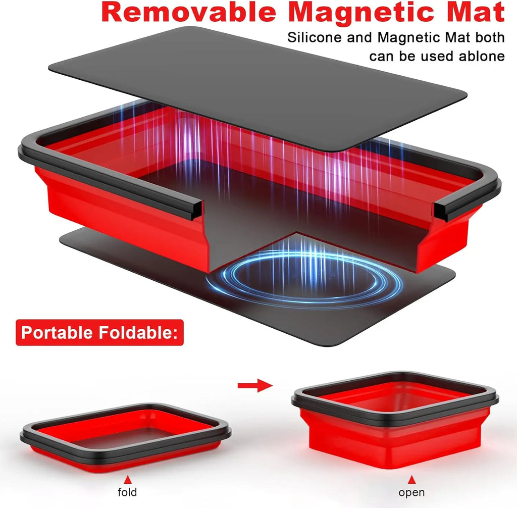 Luxiko Foldable Magnetic Tool Tray Set (3PCS) – Silicone Parts Organizer with Strong Magnetic Base, Portable Garage & Workshop Tool Holder (Red)