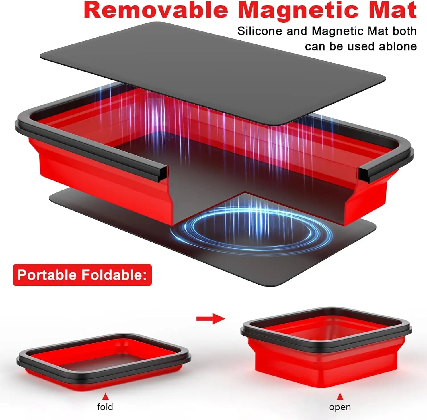 Luxiko Foldable Magnetic Tool Tray Set (3PCS) – Silicone Parts Organizer with Strong Magnetic Base, Portable Garage & Workshop Tool Holder (Red)