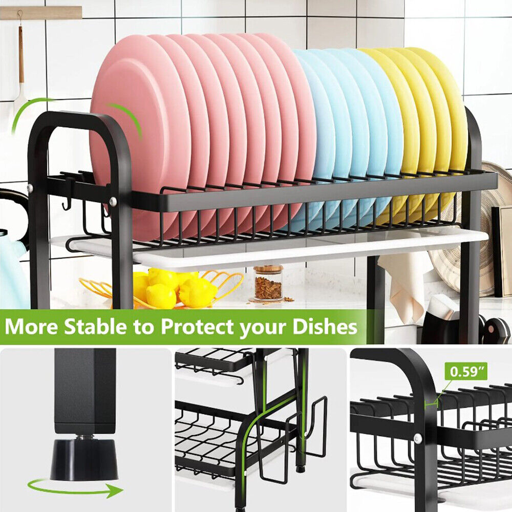 Luxiko 3-Tier Dish Drying Rack – Large Capacity Kitchen Counter Organizer | Stainless Steel Drainboard with Utensil Holder & Cup Stand (Rustproof Black)