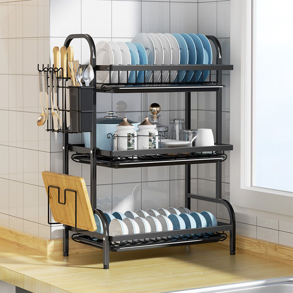 Luxiko 3-Tier Dish Drying Rack – Large Capacity Kitchen Counter Organizer | Stainless Steel Drainboard with Utensil Holder & Cup Stand (Rustproof Black)