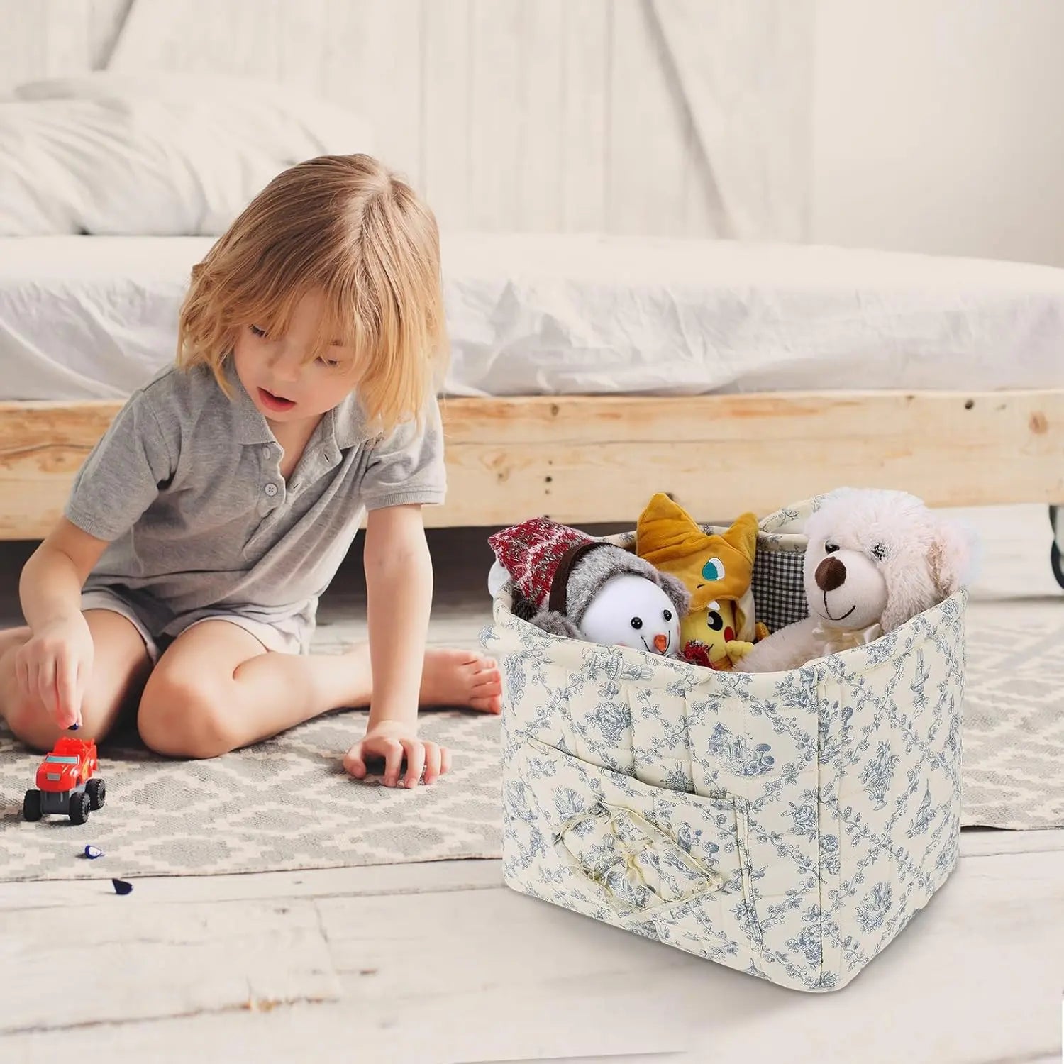 Luxiko Foldable Floral Storage Basket – Large Capacity Cotton Fabric Laundry Hamper, Collapsible Car Trunk Organizer for Clothes, Toys & Blankets