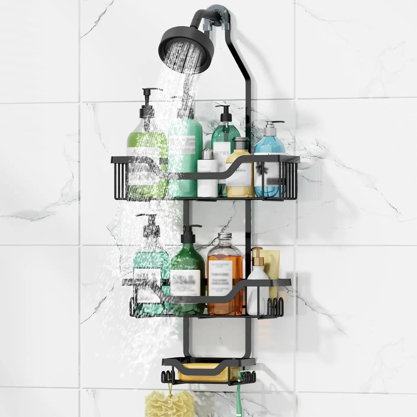 Luxiko 3-Tier Hanging Shower Caddy – Rustproof Over Showerhead Organizer with Soap Basket & Hooks, No-Drill Bathroom Storage Rack (Black)