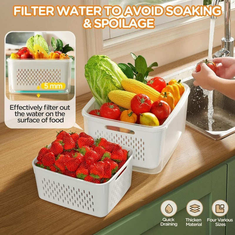 Luxiko 4 PCS Fruit & Vegetable Storage Containers for Fridge – Food Storage Boxes with Removable Strainer & Colander | Microwave & Dishwasher Safe Fresh Keeper Set