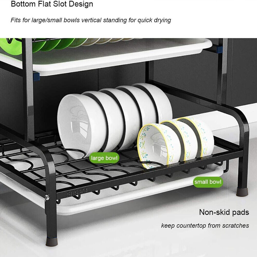 Luxiko 3-Tier Dish Drying Rack – Large Capacity Kitchen Counter Organizer | Stainless Steel Drainboard with Utensil Holder & Cup Stand (Rustproof Black)