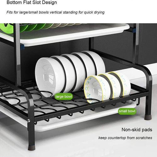 Luxiko 3-Tier Dish Drying Rack – Large Capacity Kitchen Counter Organizer | Stainless Steel Drainboard with Utensil Holder & Cup Stand (Rustproof Black)