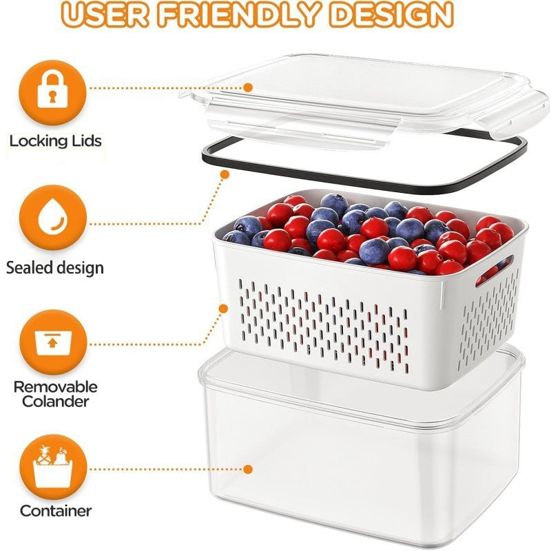 Luxiko 4 PCS Fruit & Vegetable Storage Containers for Fridge – Food Storage Boxes with Removable Strainer & Colander | Microwave & Dishwasher Safe Fresh Keeper Set