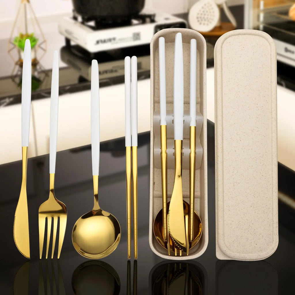Luxiko 4-Piece Stainless Steel Cutlery Set with Travel Case – Reusable Gold Flatware Kit for Office, School, Camping & Outdoor Use