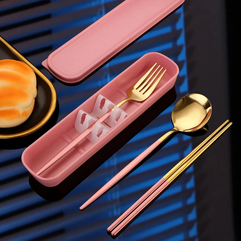 Luxiko 4-Piece Stainless Steel Cutlery Set with Travel Case – Reusable Gold Flatware Kit for Office, School, Camping & Outdoor Use
