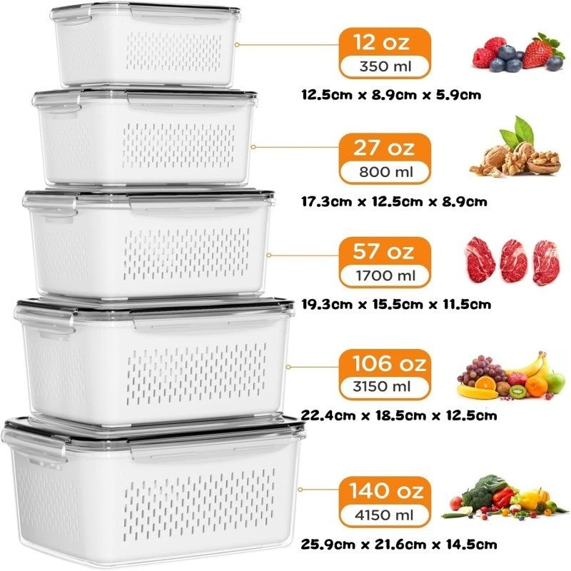 Luxiko 4 PCS Fruit & Vegetable Storage Containers for Fridge – Food Storage Boxes with Removable Strainer & Colander | Microwave & Dishwasher Safe Fresh Keeper Set