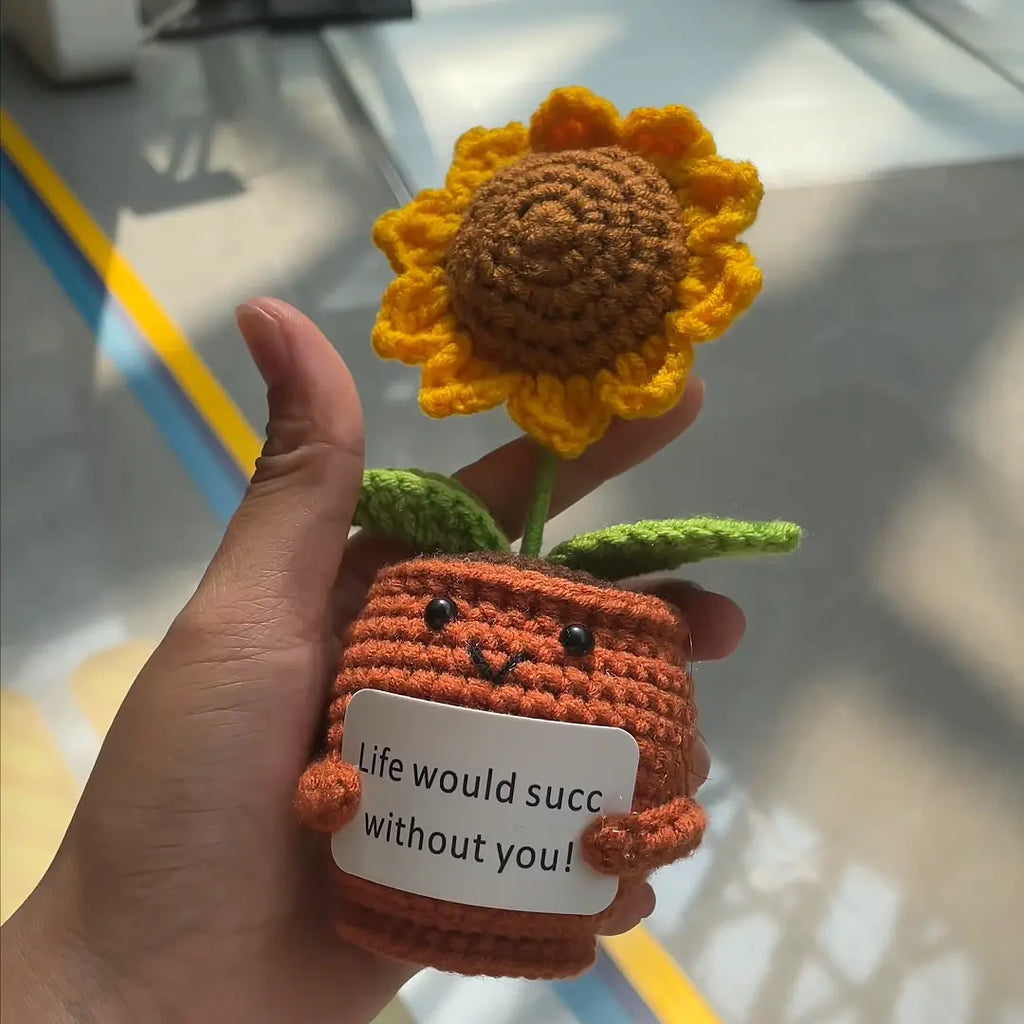 Luxiko Emotional Support Potted Sunflower – Handmade Crochet Positive Doll with Funny Card, Cute Gift for Friends, Coworkers, Women & Men