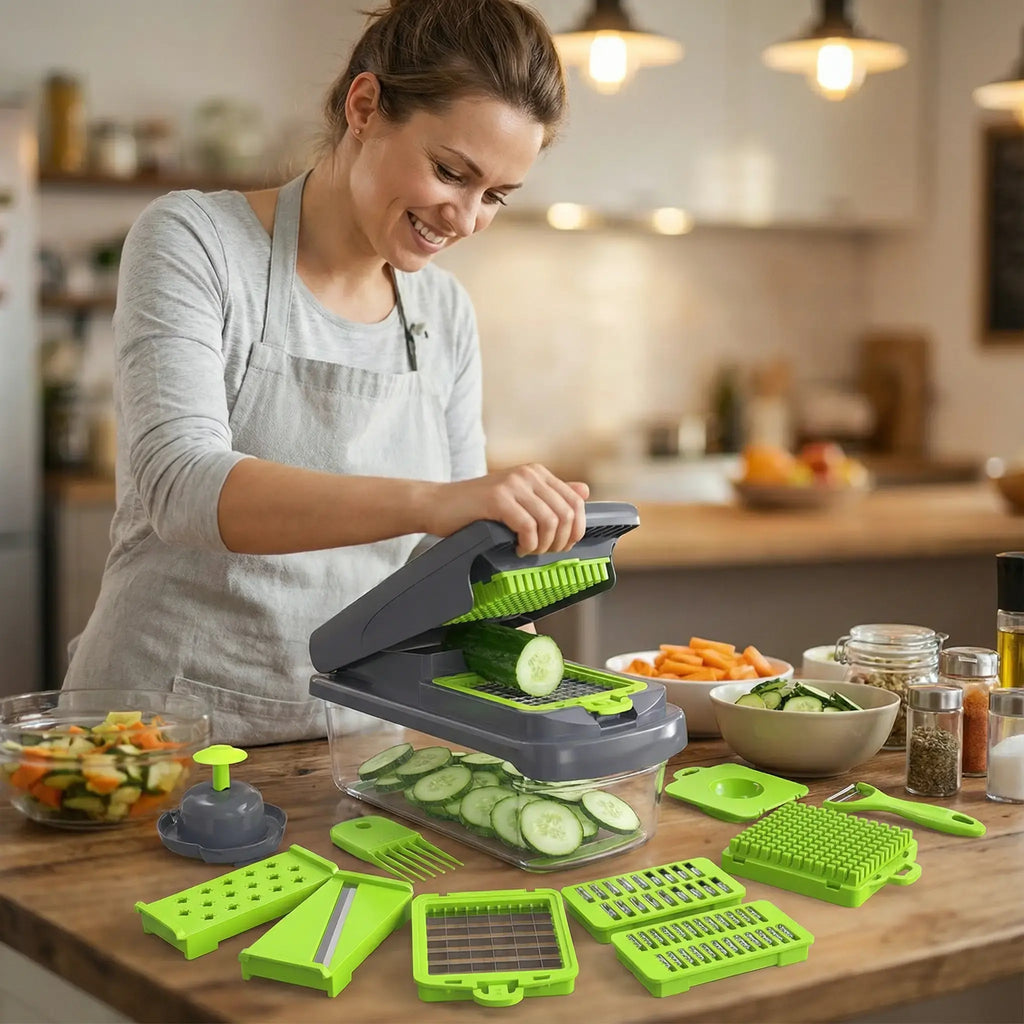 Luxiko 15-in-1 Vegetable Chopper & Slicer – Multifunctional Food Cutter with 8 Stainless Steel Blades, Portable Kitchen Tool for Salad, Garlic, Onion & More