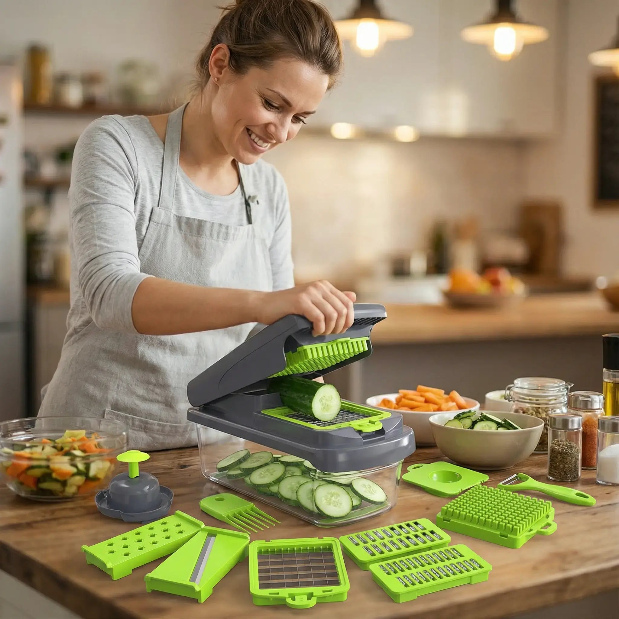 Luxiko 15-in-1 Vegetable Chopper & Slicer – Multifunctional Food Cutter with 8 Stainless Steel Blades, Portable Kitchen Tool for Salad, Garlic, Onion & More