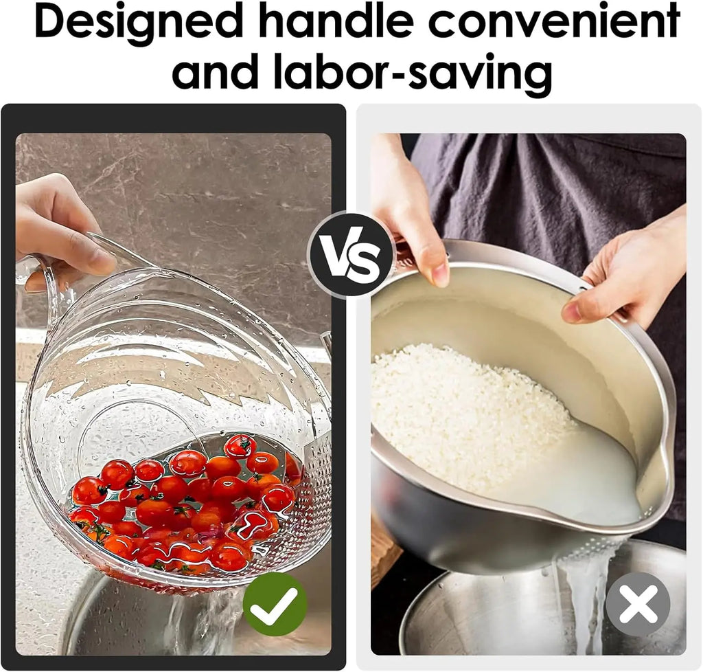 Luxiko Multifunctional Rice Strainer Bowl with Handle - BPA-Free Transparent Plastic Colander for Washing Rice, Draining Fruits, Vegetables & Kitchen Prep