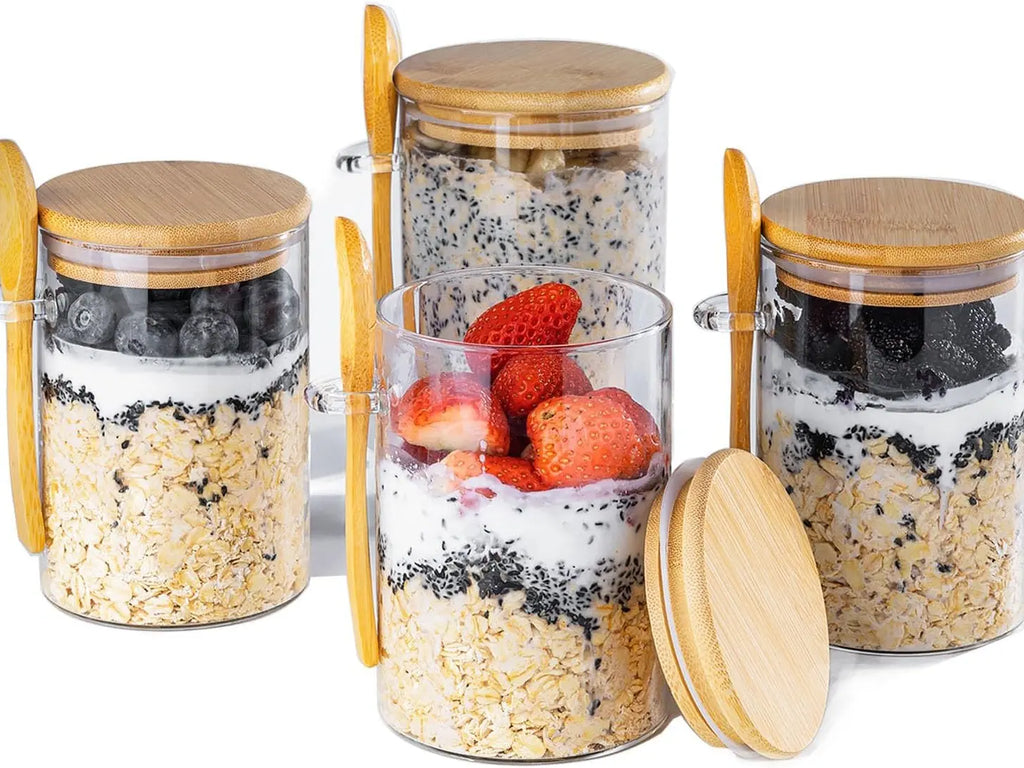 Luxiko Overnight Oats Containers Set – 4 Pack 16oz Glass Meal Prep Jars with Lids & Spoons | Leakproof Oatmeal Cups, Yogurt & Pudding Storage Containers for Healthy Breakfast