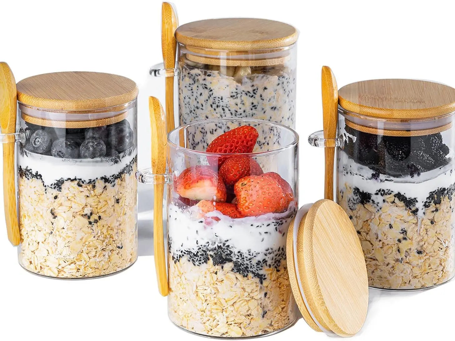 Luxiko Overnight Oats Containers Set – 4 Pack 16oz Glass Meal Prep Jars with Lids & Spoons | Leakproof Oatmeal Cups, Yogurt & Pudding Storage Containers for Healthy Breakfast