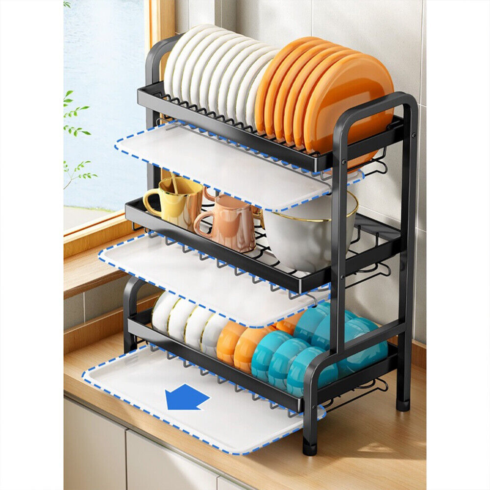 Luxiko 3-Tier Dish Drying Rack – Large Capacity Kitchen Counter Organizer | Stainless Steel Drainboard with Utensil Holder & Cup Stand (Rustproof Black)