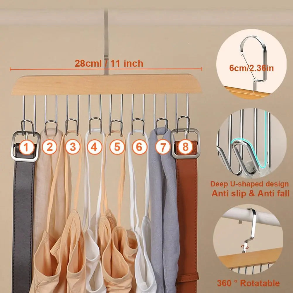 Luxiko 2-Pack Belt Hanger with 16 Hooks – Non-Slip Wooden Rotating Belt Organizer Rack | Space-Saving Closet Hanger for Belts, Ties, Hats & Accessories