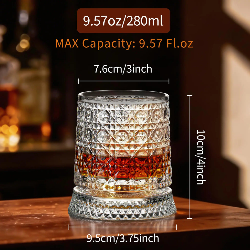 Luxiko Rotating Whisky Glass – 360° Spinning Crystal Whiskey Tumbler with Glass Base, Premium Scotch, Bourbon & Cocktail Drinking Glass
