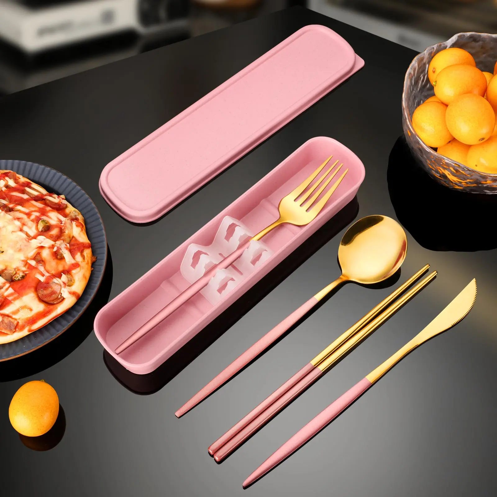 Luxiko 4-Piece Stainless Steel Cutlery Set with Travel Case – Reusable Gold Flatware Kit for Office, School, Camping & Outdoor Use