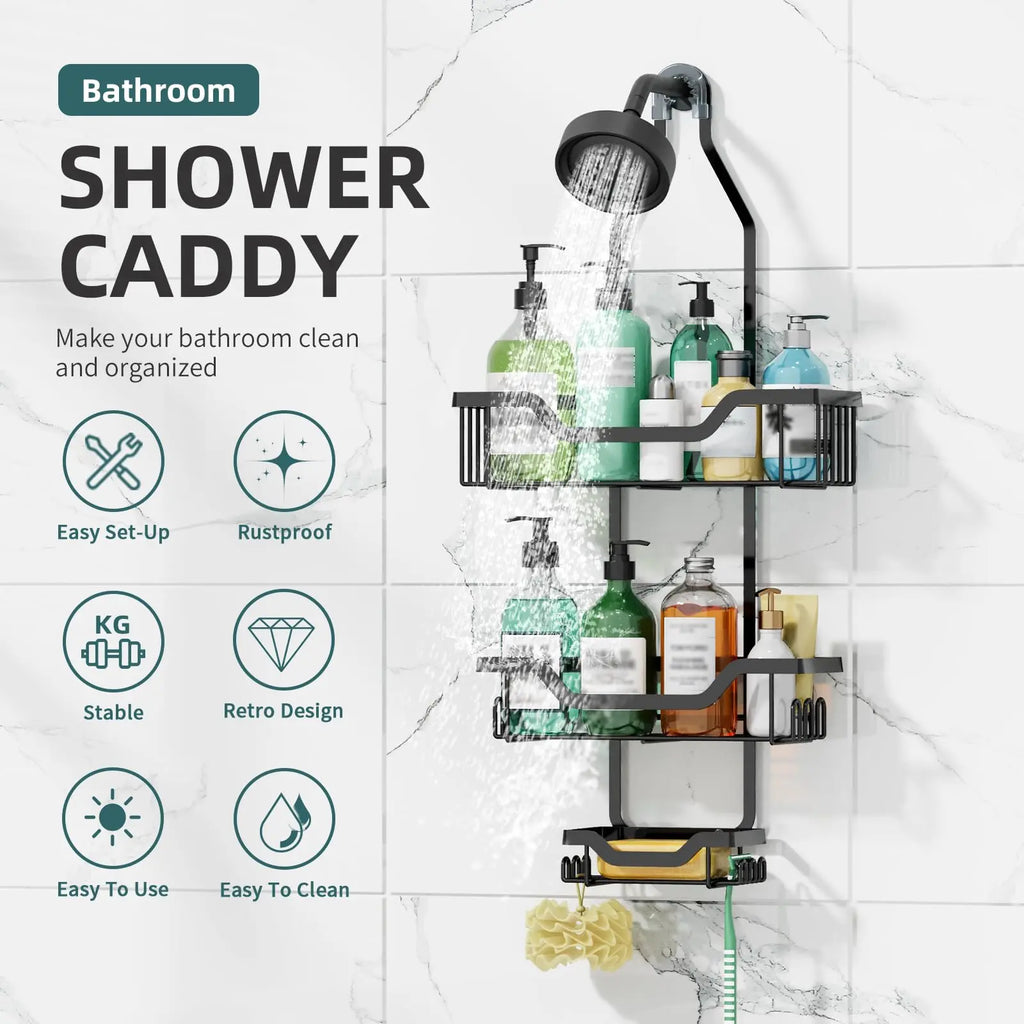 Luxiko 3-Tier Hanging Shower Caddy – Rustproof Over Showerhead Organizer with Soap Basket & Hooks, No-Drill Bathroom Storage Rack (Black)