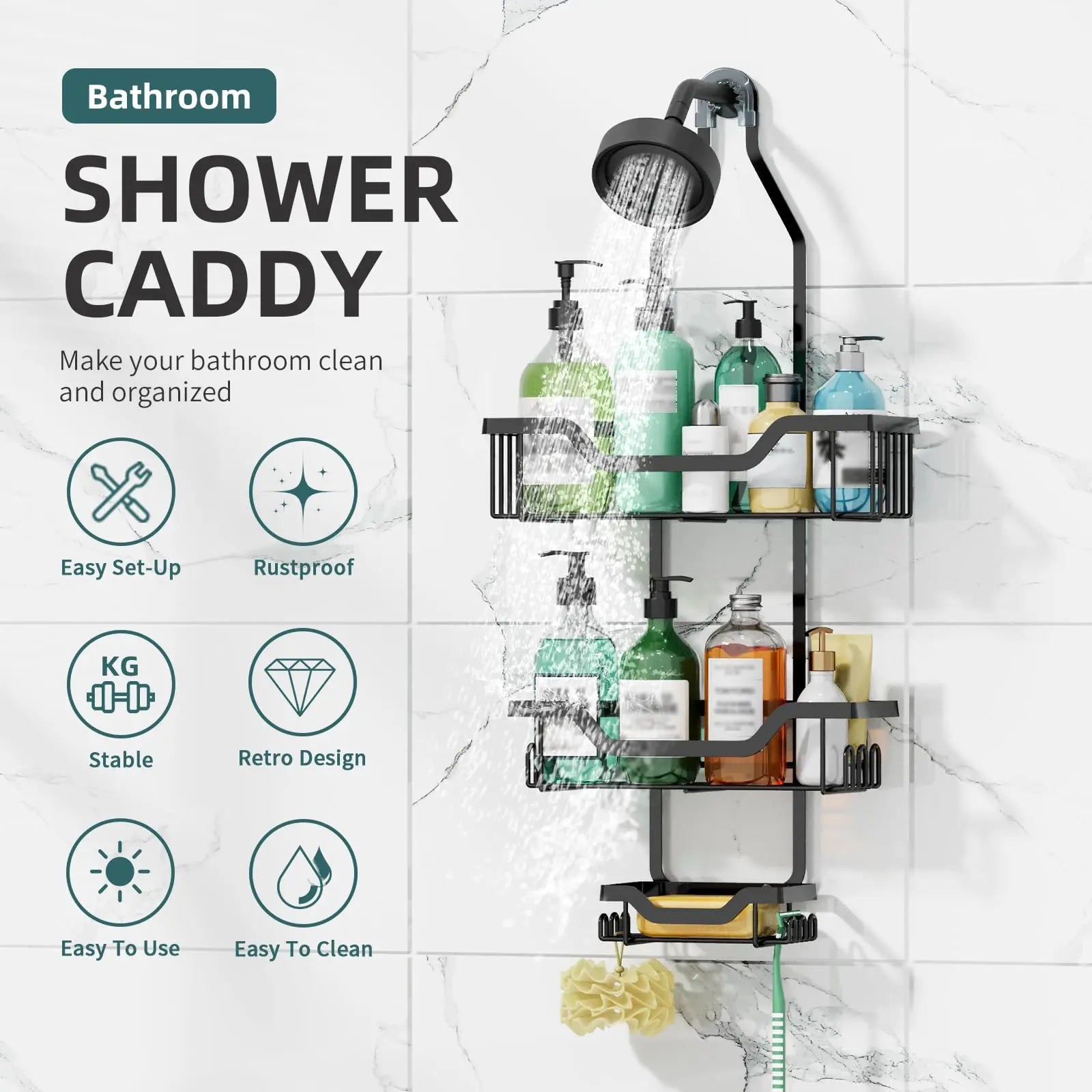 Luxiko 3-Tier Hanging Shower Caddy – Rustproof Over Showerhead Organizer with Soap Basket & Hooks, No-Drill Bathroom Storage Rack (Black)