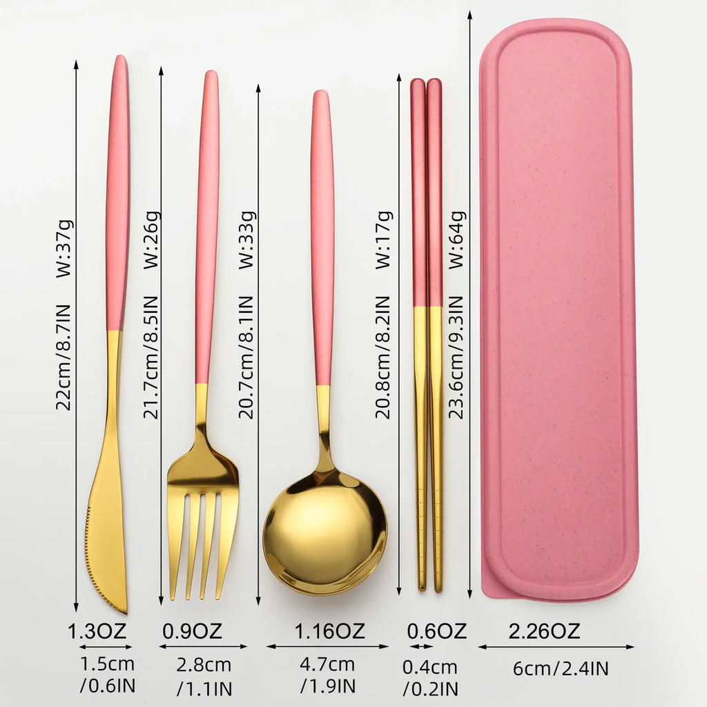 Luxiko 4-Piece Stainless Steel Cutlery Set with Travel Case – Reusable Gold Flatware Kit for Office, School, Camping & Outdoor Use