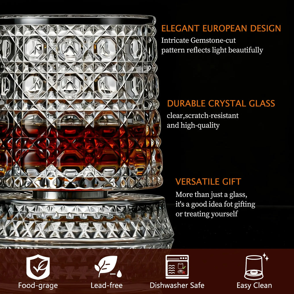 Luxiko Rotating Whisky Glass – 360° Spinning Crystal Whiskey Tumbler with Glass Base, Premium Scotch, Bourbon & Cocktail Drinking Glass