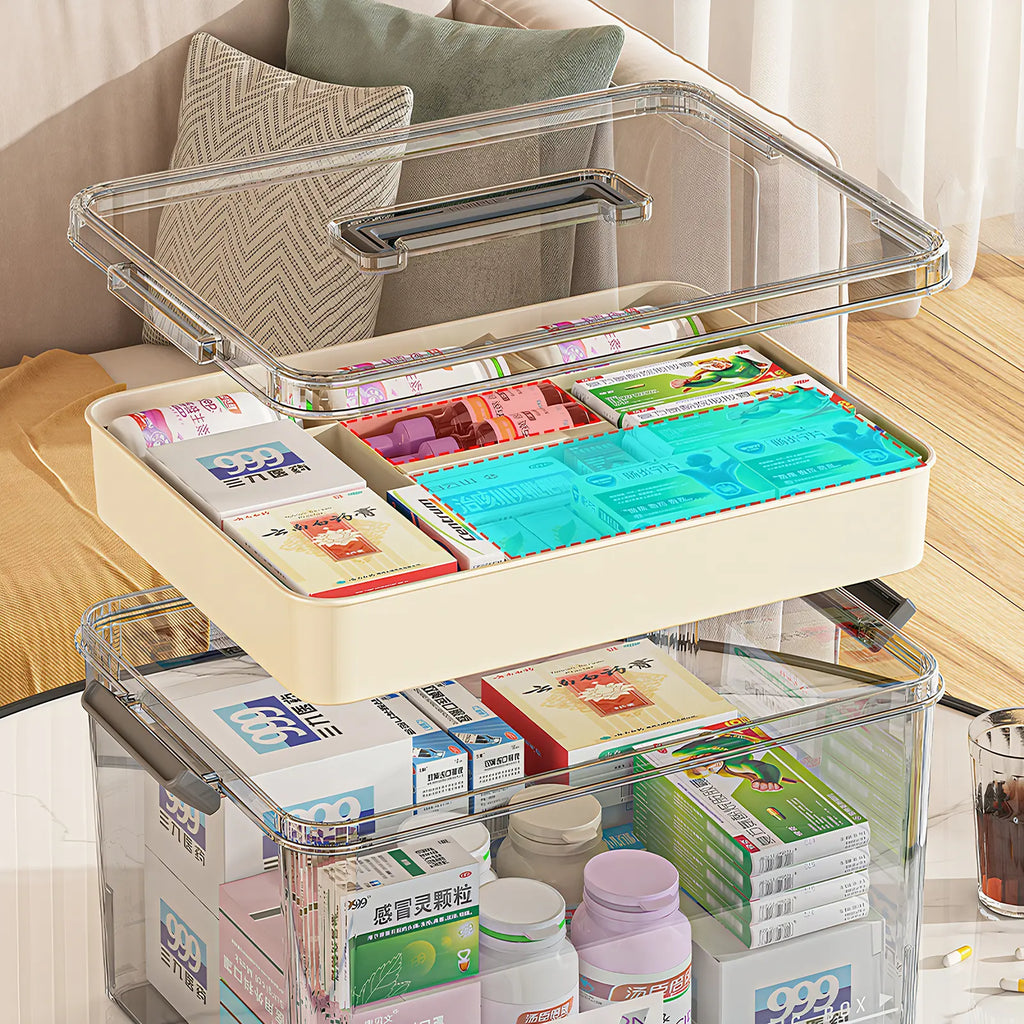 Luxiko Transparent Medicine Pill Organizer – Modular Layered Storage Box, Damp-Proof Travel Pill Case with Secure Buckles & Portable Handle for Home & Travel Use