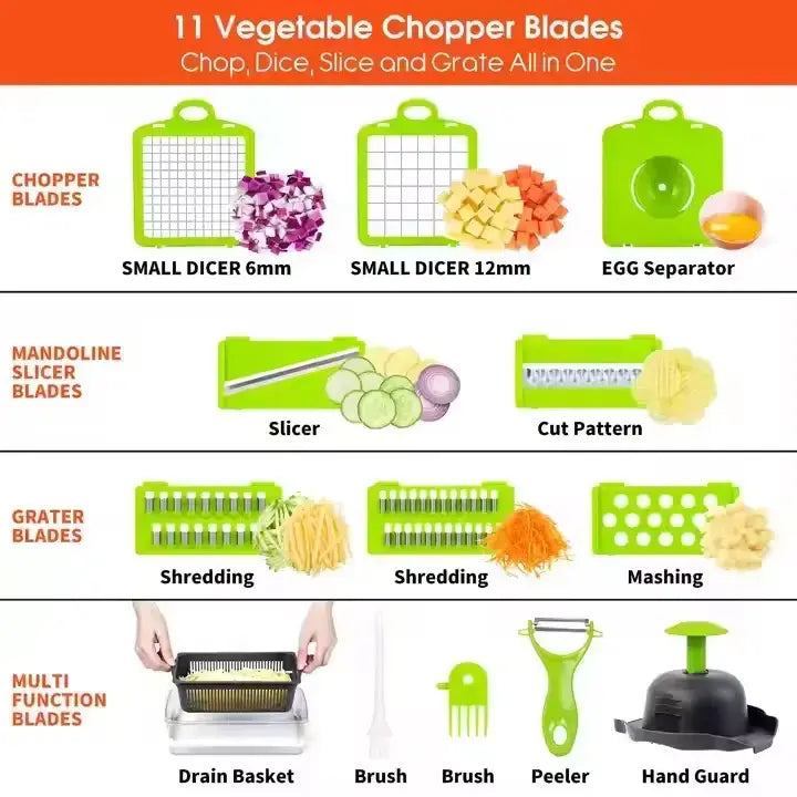 Luxiko 15-in-1 Vegetable Chopper & Slicer – Multifunctional Food Cutter with 8 Stainless Steel Blades, Portable Kitchen Tool for Salad, Garlic, Onion & More