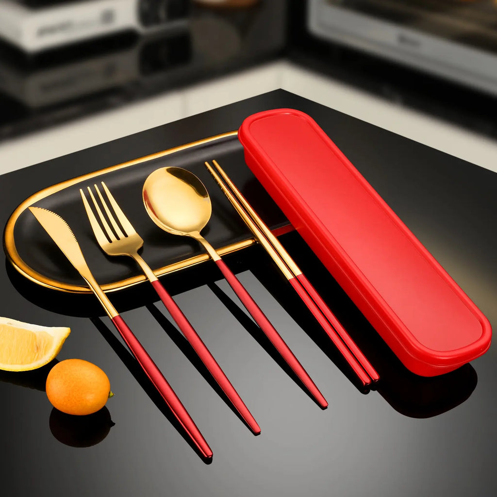 Luxiko 4-Piece Stainless Steel Cutlery Set with Travel Case – Reusable Gold Flatware Kit for Office, School, Camping & Outdoor Use