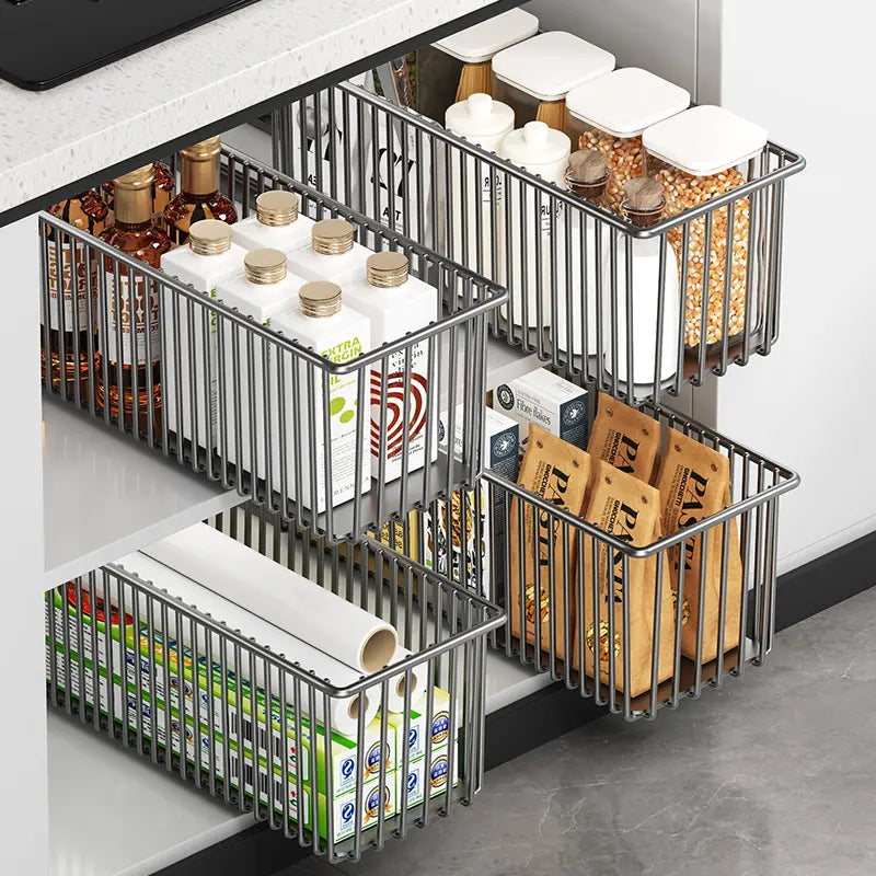 Luxiko Pull-Out Cabinet Organizer Basket – Under Sink Sliding Storage Rack | Space-Saving Kitchen Cabinet Organizer for Pantry & Bathroom