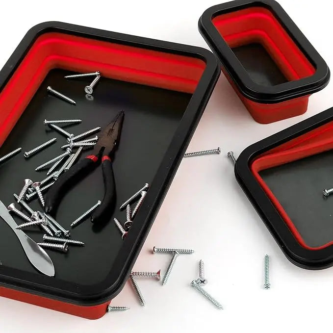 Luxiko Foldable Magnetic Tool Tray Set (3PCS) – Silicone Parts Organizer with Strong Magnetic Base, Portable Garage & Workshop Tool Holder (Red)