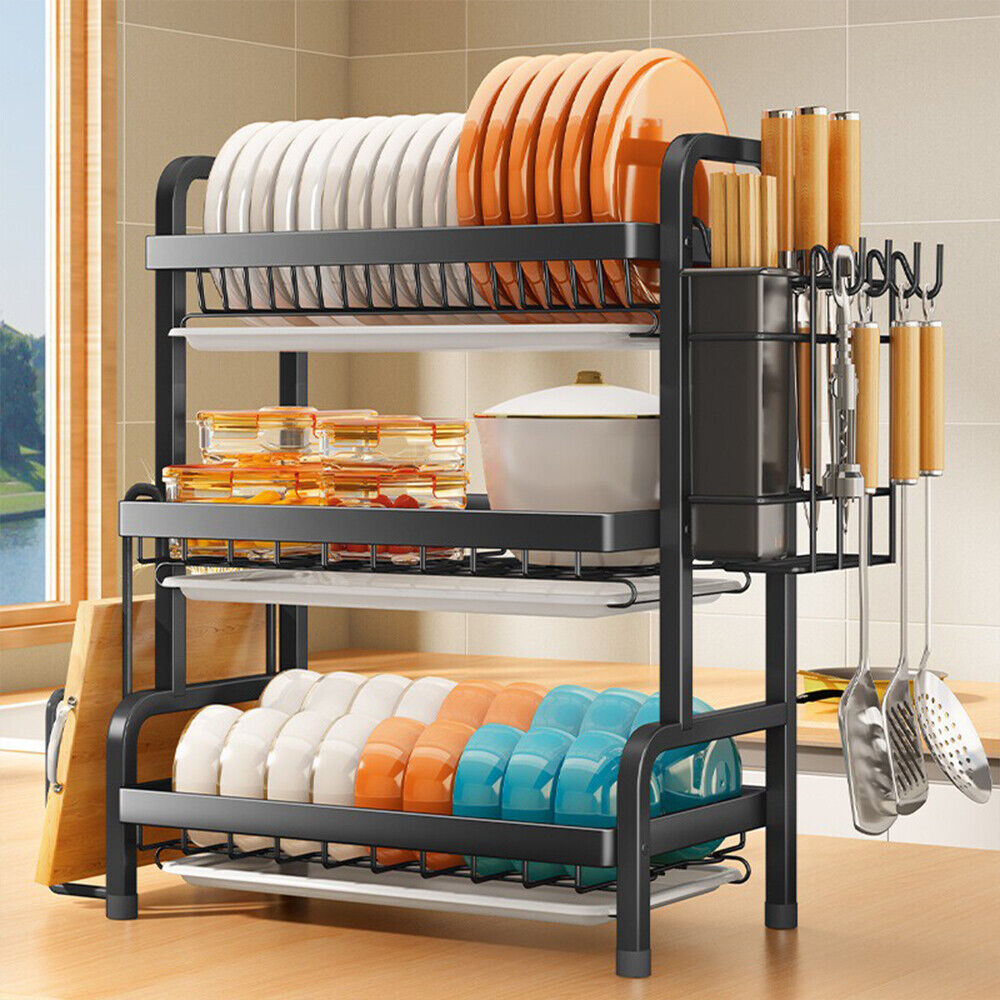 Luxiko 3-Tier Dish Drying Rack – Large Capacity Kitchen Counter Organizer | Stainless Steel Drainboard with Utensil Holder & Cup Stand (Rustproof Black)