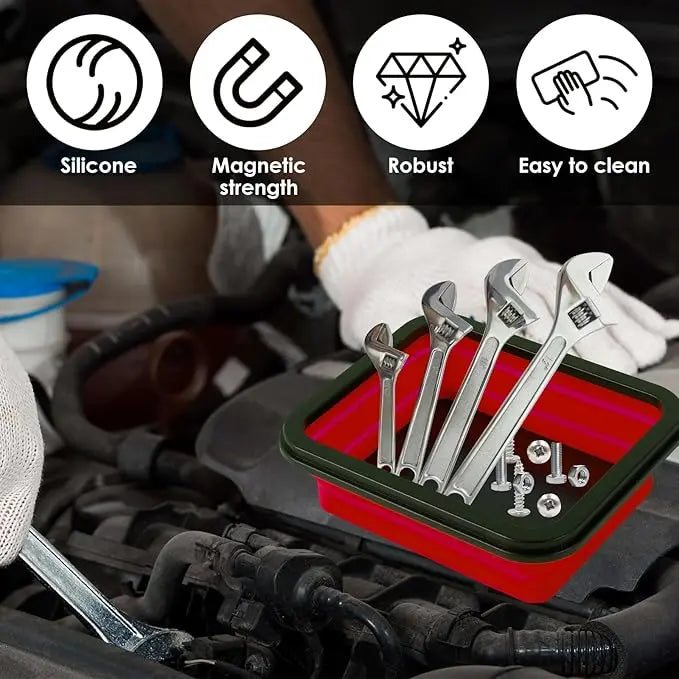 Luxiko Foldable Magnetic Tool Tray Set (3PCS) – Silicone Parts Organizer with Strong Magnetic Base, Portable Garage & Workshop Tool Holder (Red)