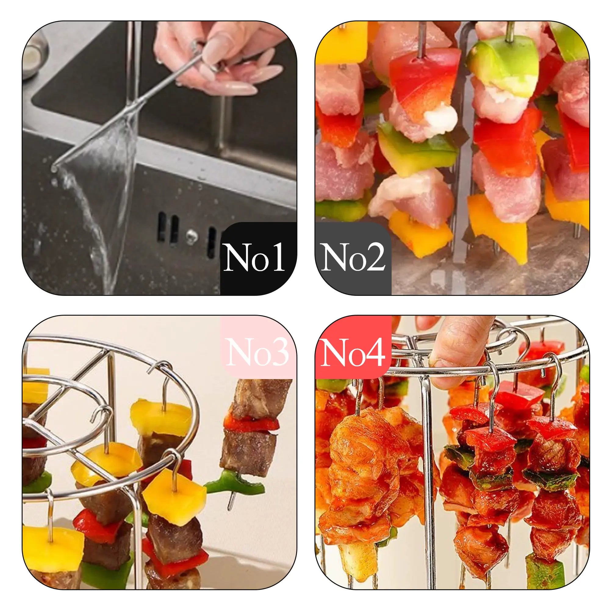 Luxiko Air Fryer Skewer Rack Set - 2 Pack Stainless Steel BBQ Grill Rack with Skewers for Air Fryer, Even Cooking Meat & Vegetables, Reusable Kitchen Cooking Accessories