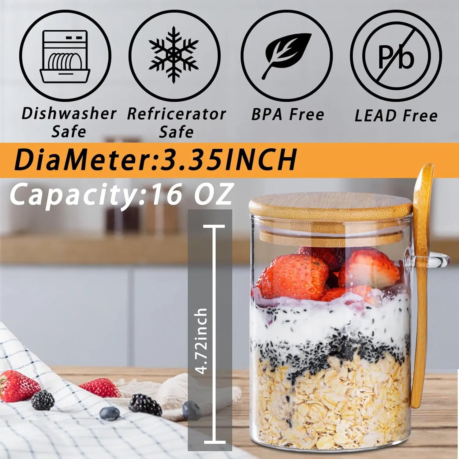 Luxiko Overnight Oats Containers Set – 4 Pack 16oz Glass Meal Prep Jars with Lids & Spoons | Leakproof Oatmeal Cups, Yogurt & Pudding Storage Containers for Healthy Breakfast