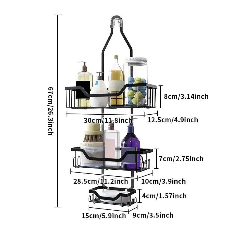 Luxiko 3-Tier Hanging Shower Caddy – Rustproof Over Showerhead Organizer with Soap Basket & Hooks, No-Drill Bathroom Storage Rack (Black)