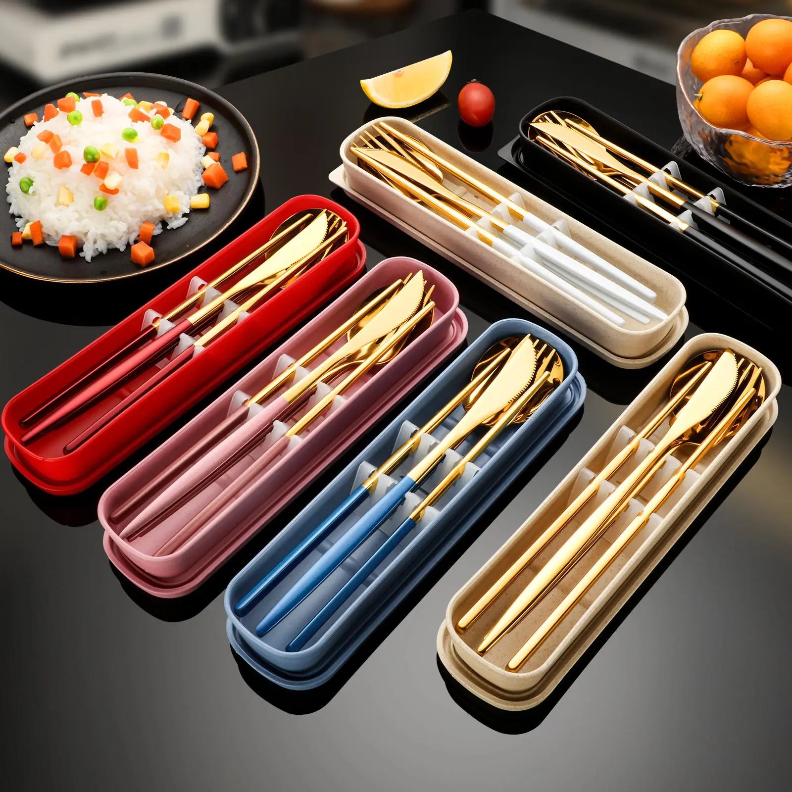Luxiko 4-Piece Stainless Steel Cutlery Set with Travel Case – Reusable Gold Flatware Kit for Office, School, Camping & Outdoor Use
