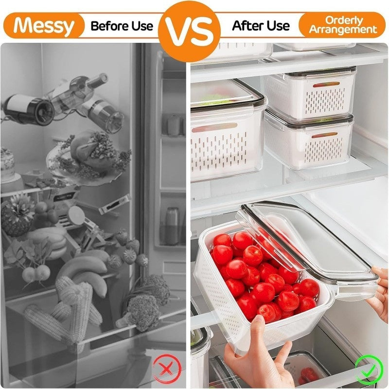 Luxiko 4 PCS Fruit & Vegetable Storage Containers for Fridge – Food Storage Boxes with Removable Strainer & Colander | Microwave & Dishwasher Safe Fresh Keeper Set