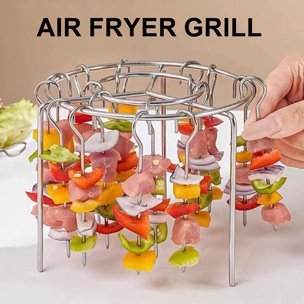 Luxiko Air Fryer Skewer Rack Set - 2 Pack Stainless Steel BBQ Grill Rack with Skewers for Air Fryer, Even Cooking Meat & Vegetables, Reusable Kitchen Cooking Accessories