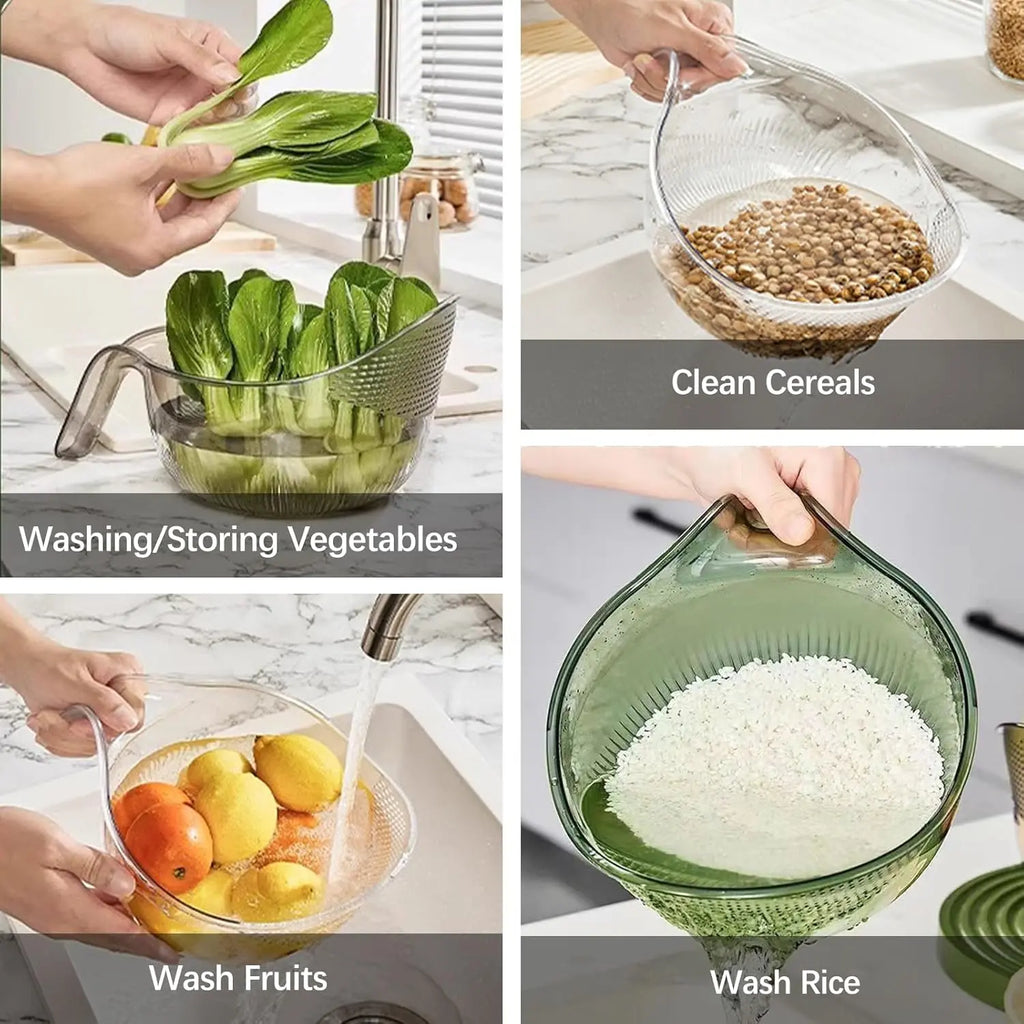 Luxiko Multifunctional Rice Strainer Bowl with Handle - BPA-Free Transparent Plastic Colander for Washing Rice, Draining Fruits, Vegetables & Kitchen Prep
