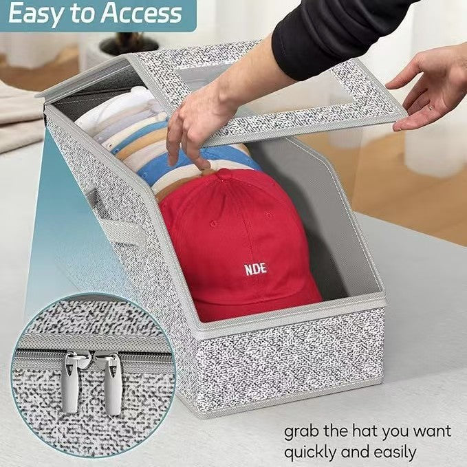 Luxiko Stackable Hat Storage Organizer – Foldable Cap Storage Box with Clear Window | Space-Saving Closet Organizer for Hats, Clothes & Toys