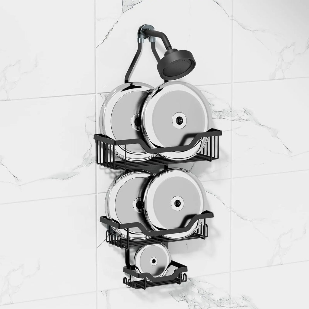 Luxiko 3-Tier Hanging Shower Caddy – Rustproof Over Showerhead Organizer with Soap Basket & Hooks, No-Drill Bathroom Storage Rack (Black)