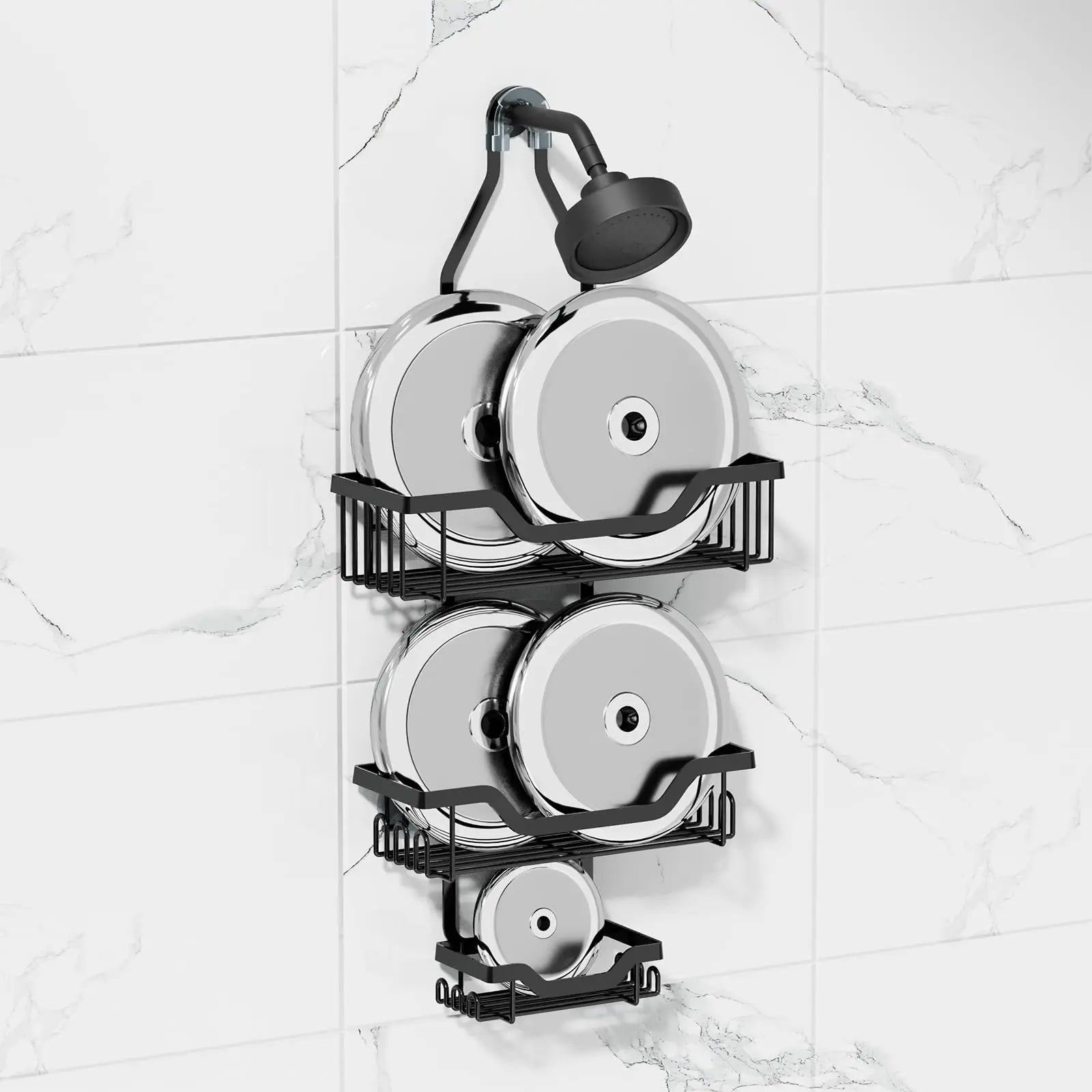 Luxiko 3-Tier Hanging Shower Caddy – Rustproof Over Showerhead Organizer with Soap Basket & Hooks, No-Drill Bathroom Storage Rack (Black)