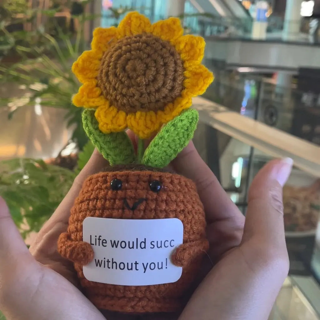 Luxiko Emotional Support Potted Sunflower – Handmade Crochet Positive Doll with Funny Card, Cute Gift for Friends, Coworkers, Women & Men