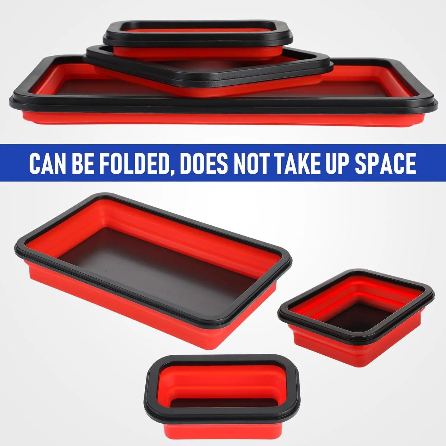 Luxiko Foldable Magnetic Tool Tray Set (3PCS) – Silicone Parts Organizer with Strong Magnetic Base, Portable Garage & Workshop Tool Holder (Red)