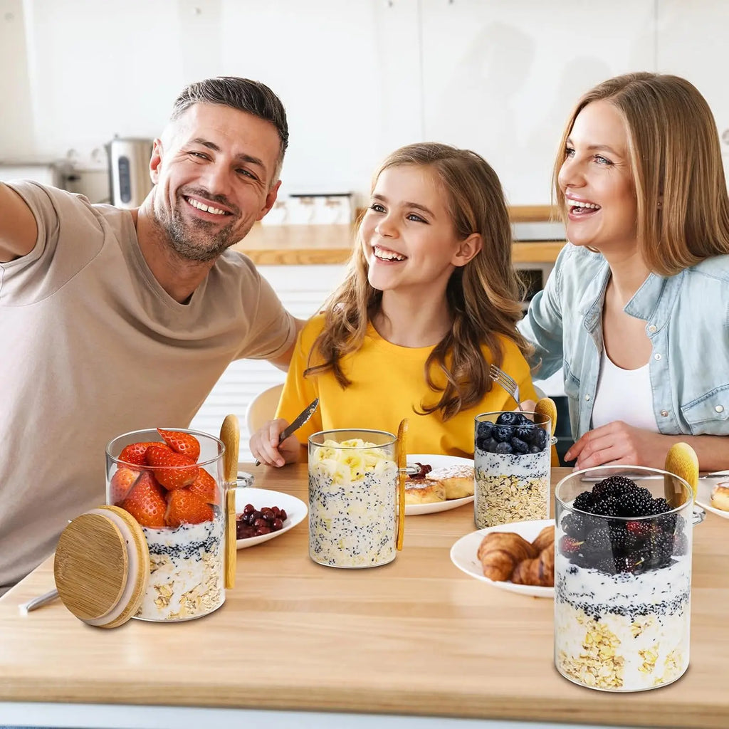 Luxiko Overnight Oats Containers Set – 4 Pack 16oz Glass Meal Prep Jars with Lids & Spoons | Leakproof Oatmeal Cups, Yogurt & Pudding Storage Containers for Healthy Breakfast