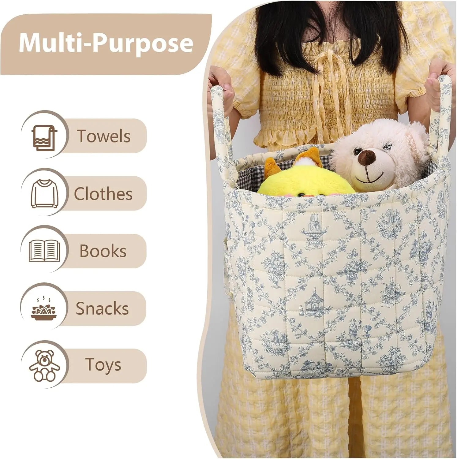 Luxiko Foldable Floral Storage Basket – Large Capacity Cotton Fabric Laundry Hamper, Collapsible Car Trunk Organizer for Clothes, Toys & Blankets