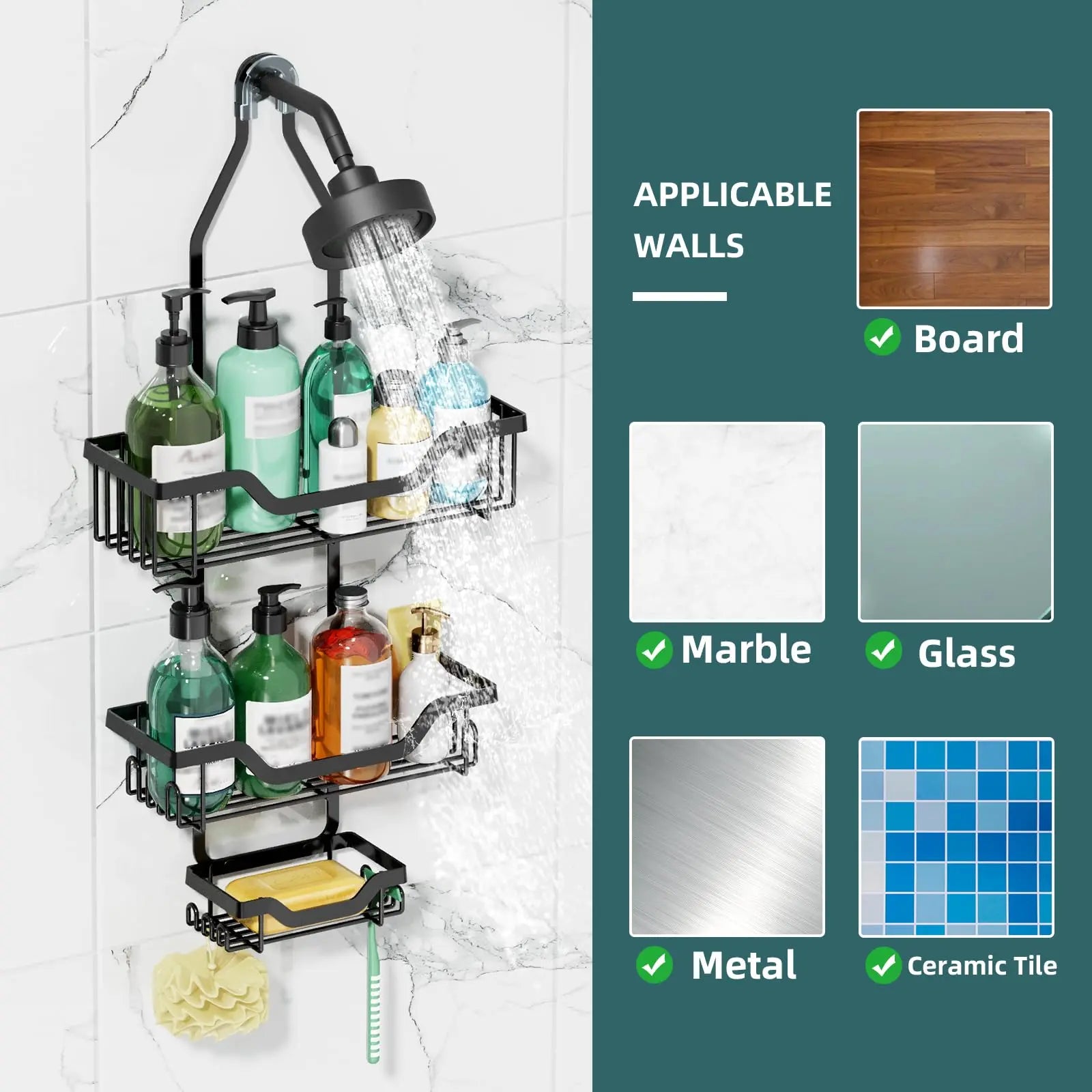 Luxiko 3-Tier Hanging Shower Caddy – Rustproof Over Showerhead Organizer with Soap Basket & Hooks, No-Drill Bathroom Storage Rack (Black)